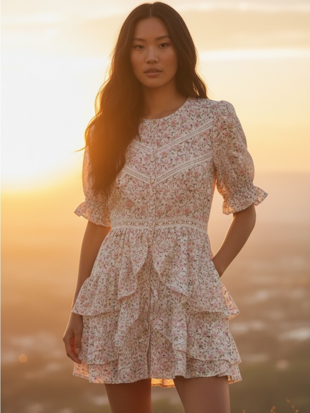 Pink Floral Ruffle Mini Dress Cottagecore Prairie Babydoll Puff Sleeve Romantic